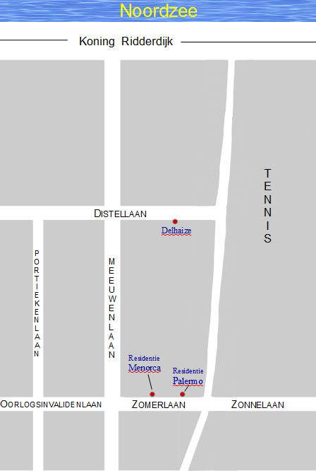 Stratenplan van Westende-bad met ligging van de residenties Menrca en Palermo